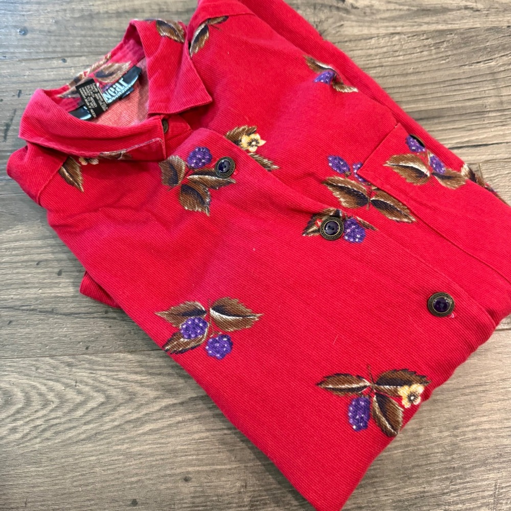 SK Wear Red Corduroy Berry Print Button Down Shirt Womens Medium Cotton Vintage